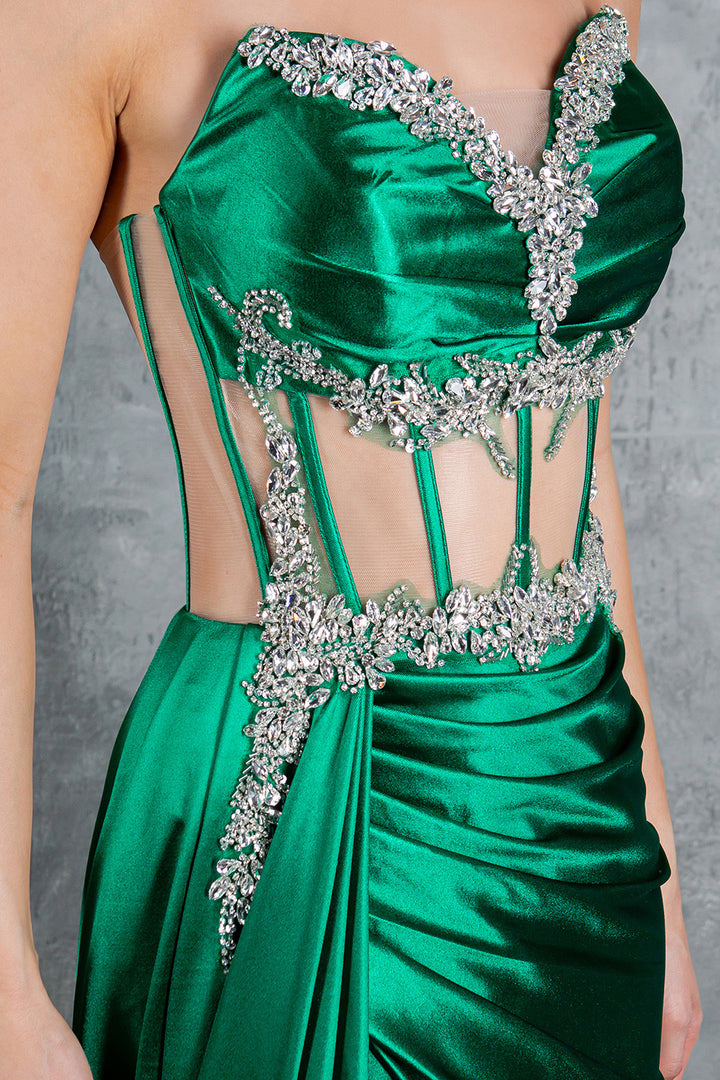 Beaded Satin Corset Slit Gown by Cinderella Couture 8214J