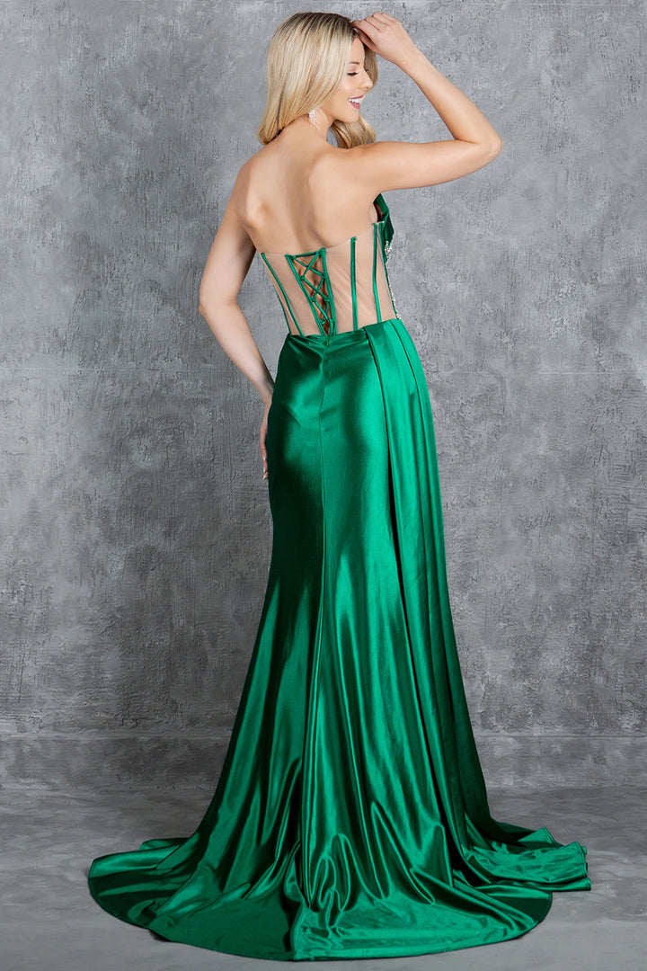 Beaded Satin Corset Slit Gown by Cinderella Couture 8214J