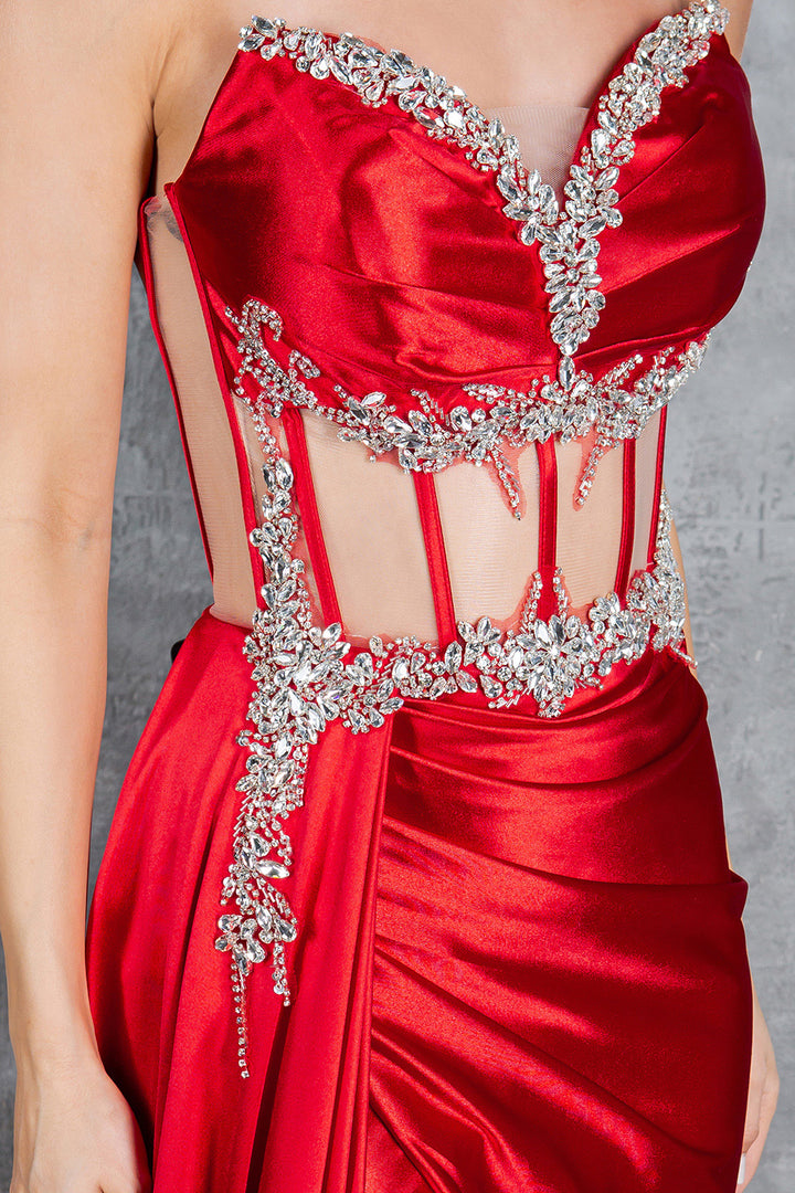 Beaded Satin Corset Slit Gown by Cinderella Couture 8214J