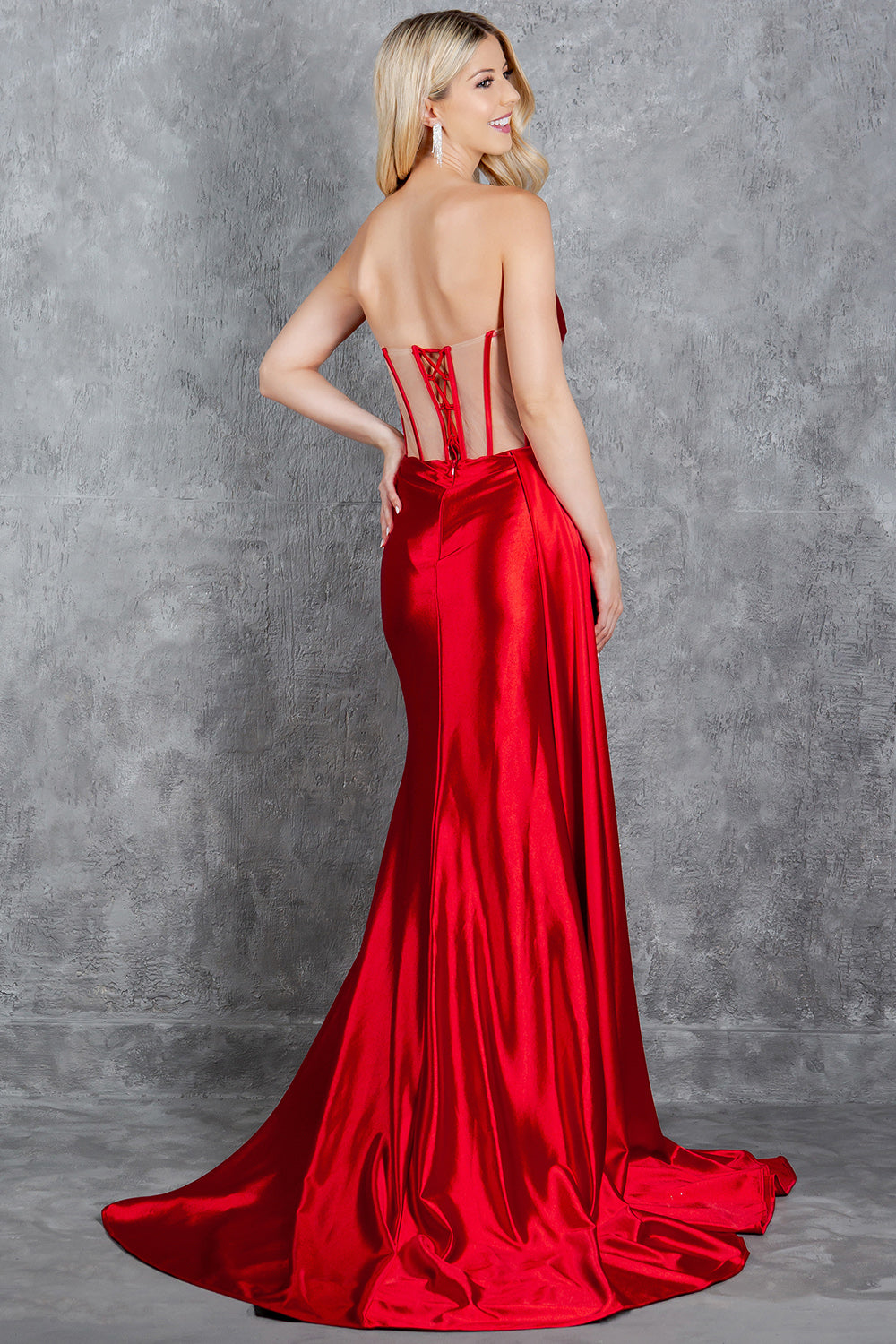 Beaded Satin Corset Slit Gown by Cinderella Couture 8214J