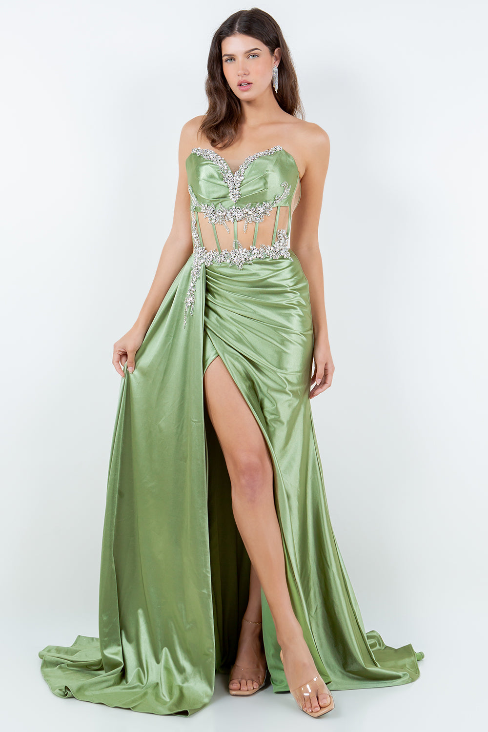 Beaded Satin Corset Slit Gown by Cinderella Couture 8214J