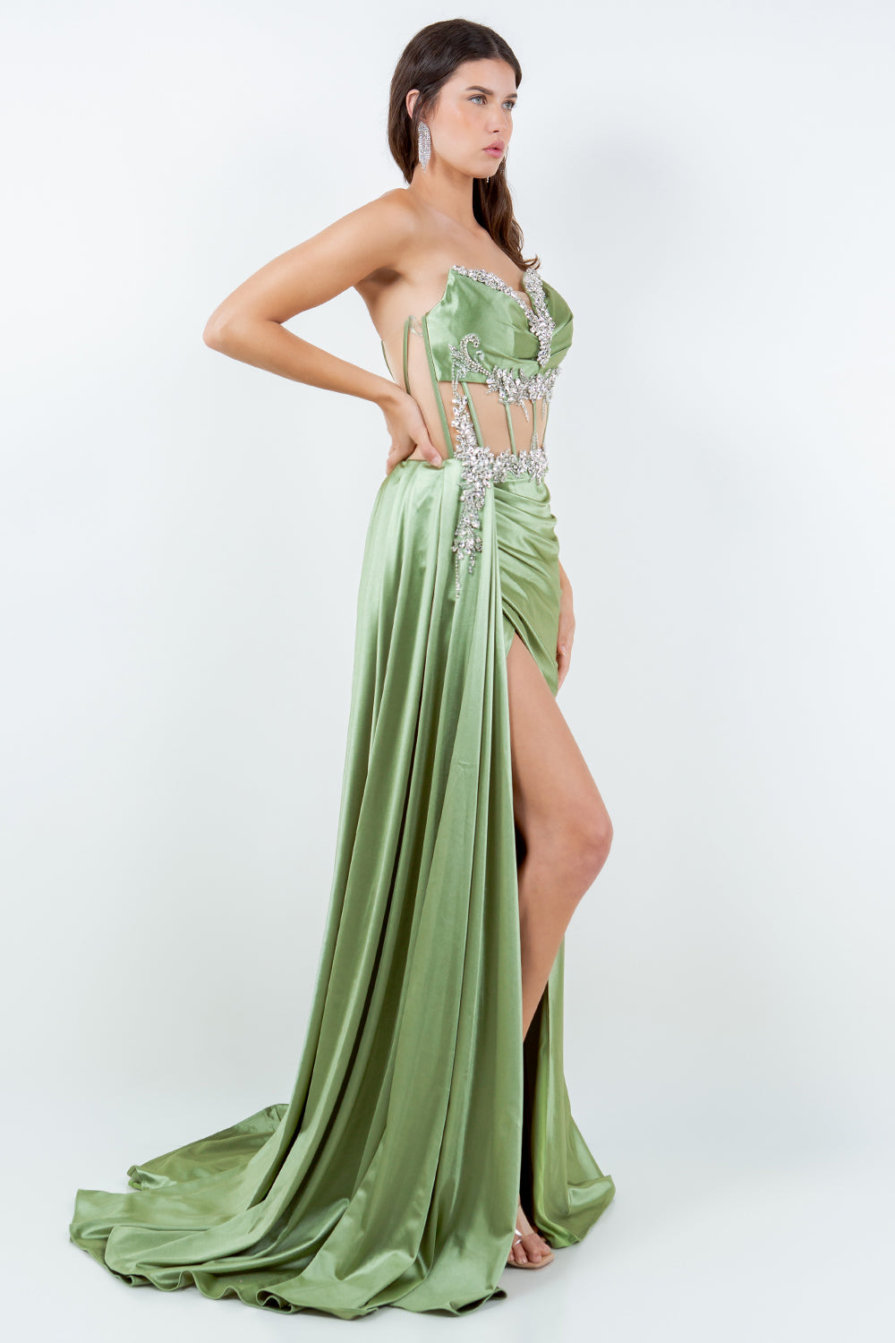 Beaded Satin Corset Slit Gown by Cinderella Couture 8214J