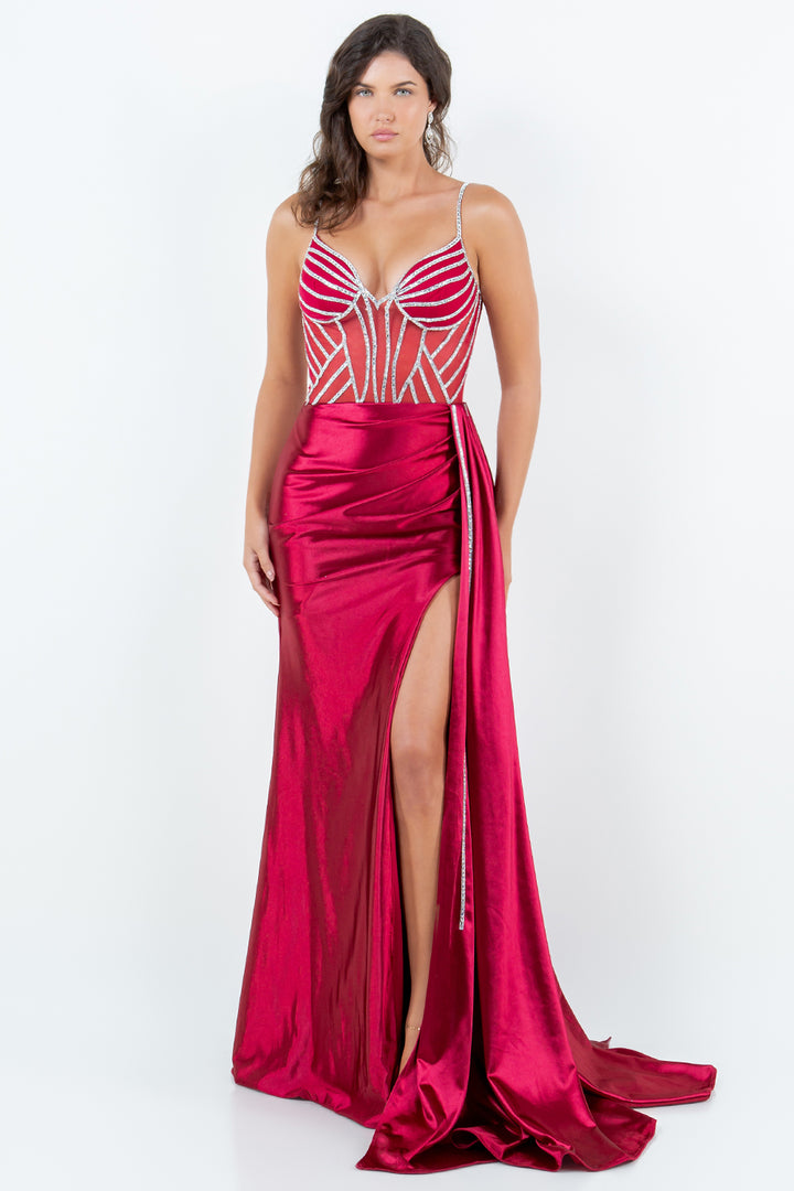 Beaded Satin Sleeveless Slit Gown by Cinderella Couture 8219J