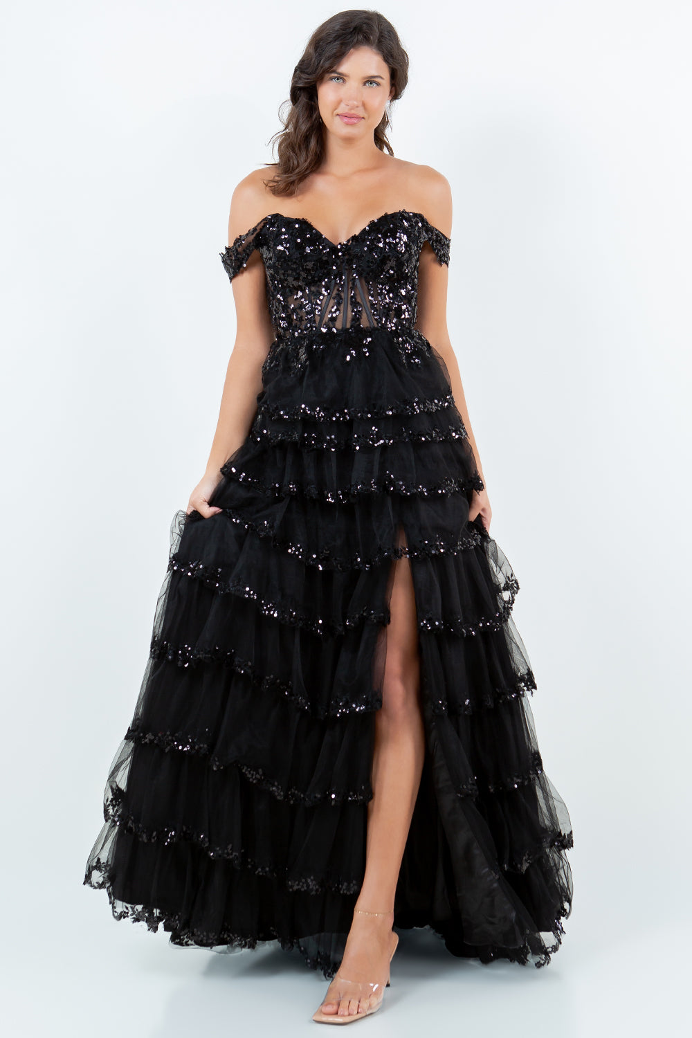 Off Shoulder Tiered Gown by Cinderella Couture 8228J