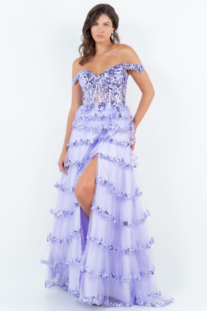 Off Shoulder Tiered Gown by Cinderella Couture 8228J