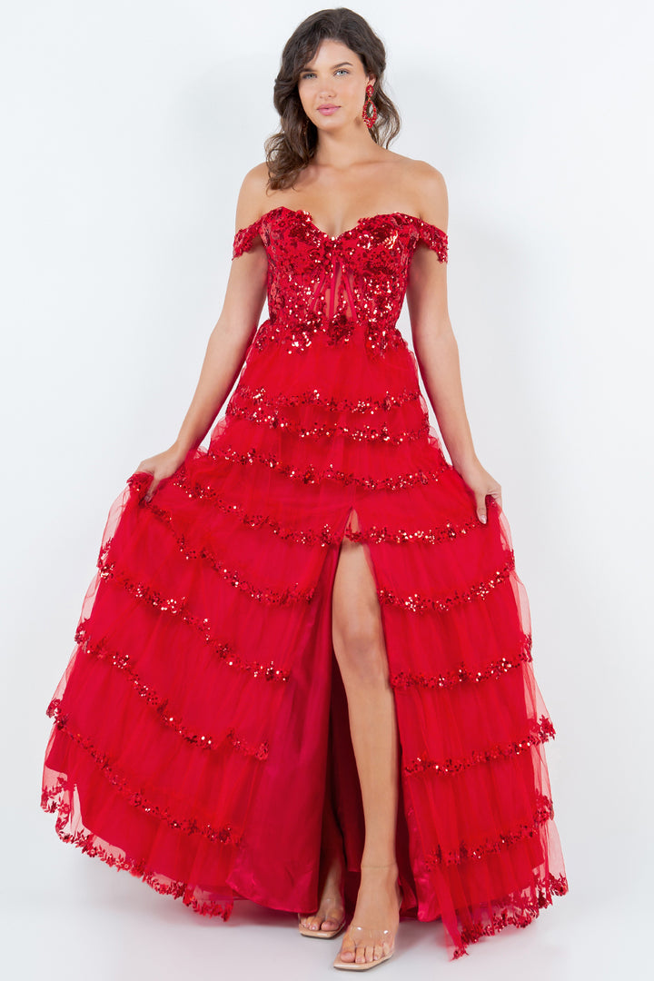 Off Shoulder Tiered Gown by Cinderella Couture 8228J