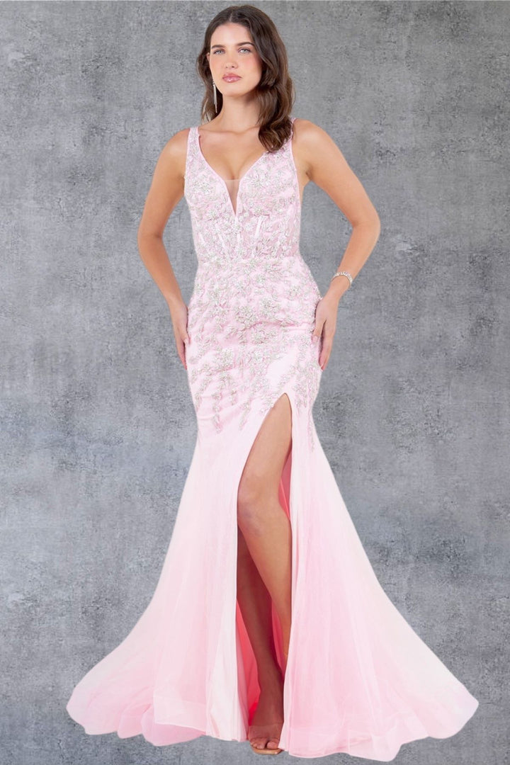 Applique V-Neck Slit Gown by Cinderella Couture 8241J