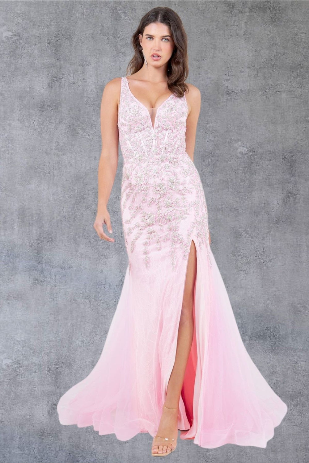 Applique V-Neck Slit Gown by Cinderella Couture 8241J