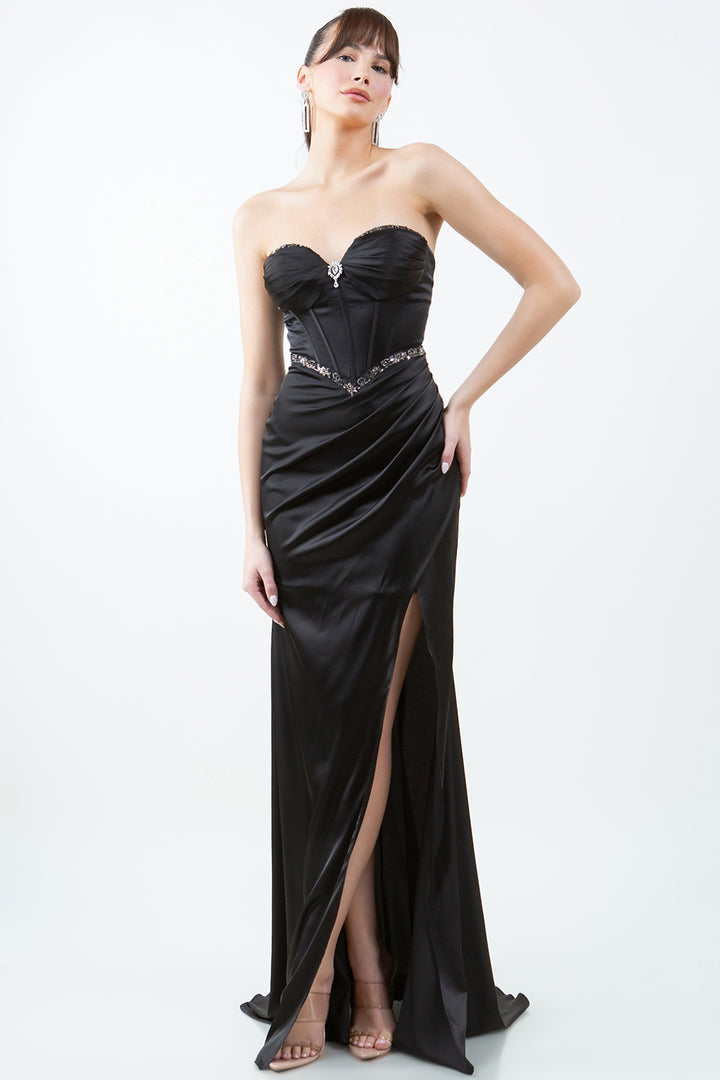 Satin Strapless Slit Gown by Cinderella Couture 8259J