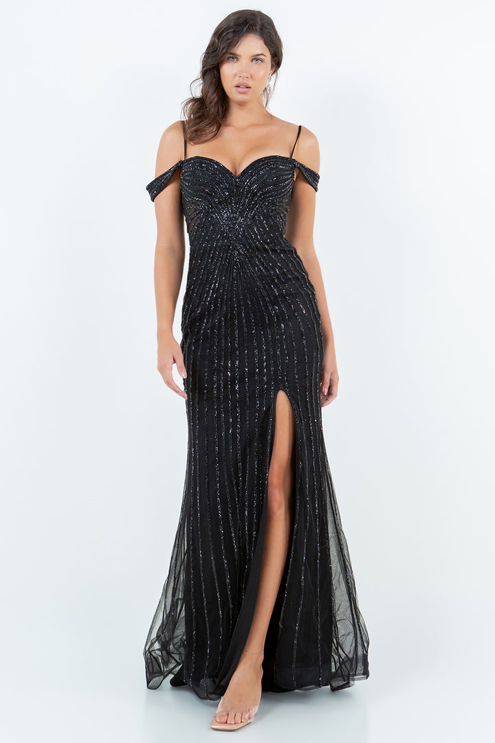 Beaded Cold Shoulder Slit Gown by Cinderella Couture 8269J