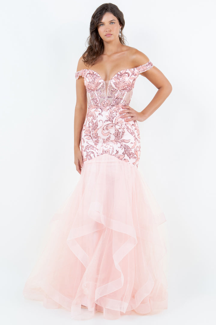 Off Shoulder Ruffled Gown by Cinderella Couture 8274J