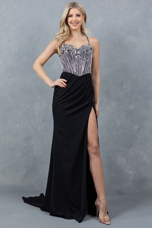 Mirror Beaded Slit Gown by Cinderella Couture 8278J