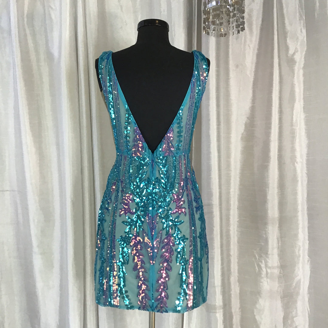 Iridescent Sequin Short V-Neck Dress by Jovani 36784