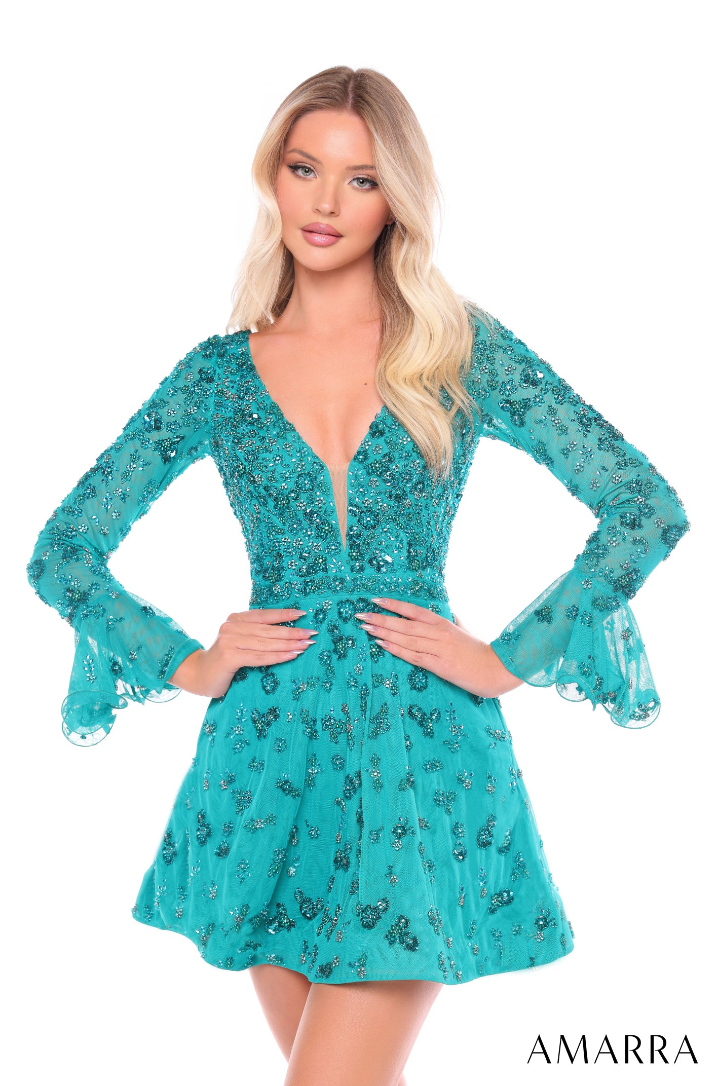 Beaded Short Bell Sleeve A line Dress by Amarra 88032