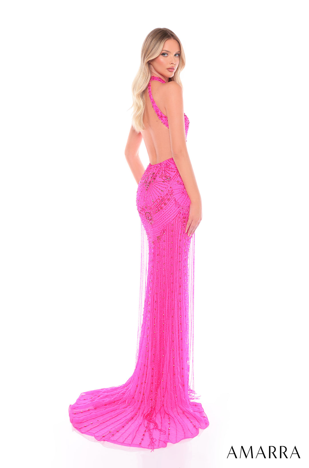 Fitted Beaded Fringe Halter Slit Gown by Amarra 88097