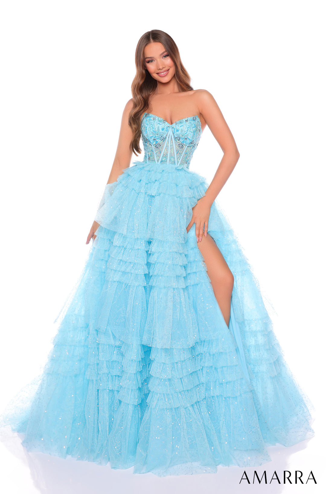 Strapless A-line Ruffled Slit Gown by Amarra 88099