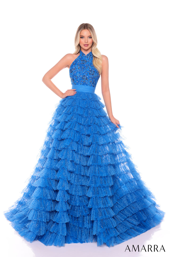 Beaded Halter A-line Ruffled Gown by Amarra 88102