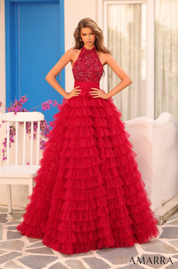 Beaded Halter A-line Ruffled Gown by Amarra 88102