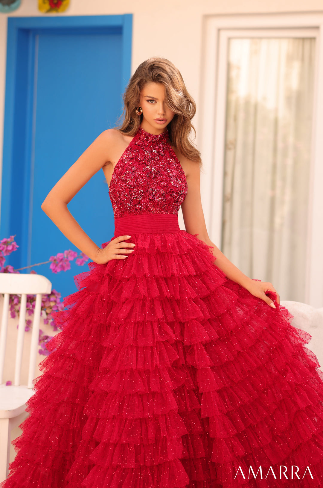 Beaded Halter A-line Ruffled Gown by Amarra 88102