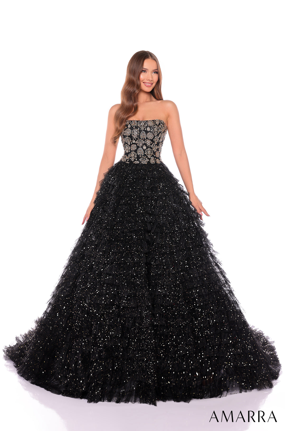 Beaded Strapless A-line Tiered Gown by Amarra 88129