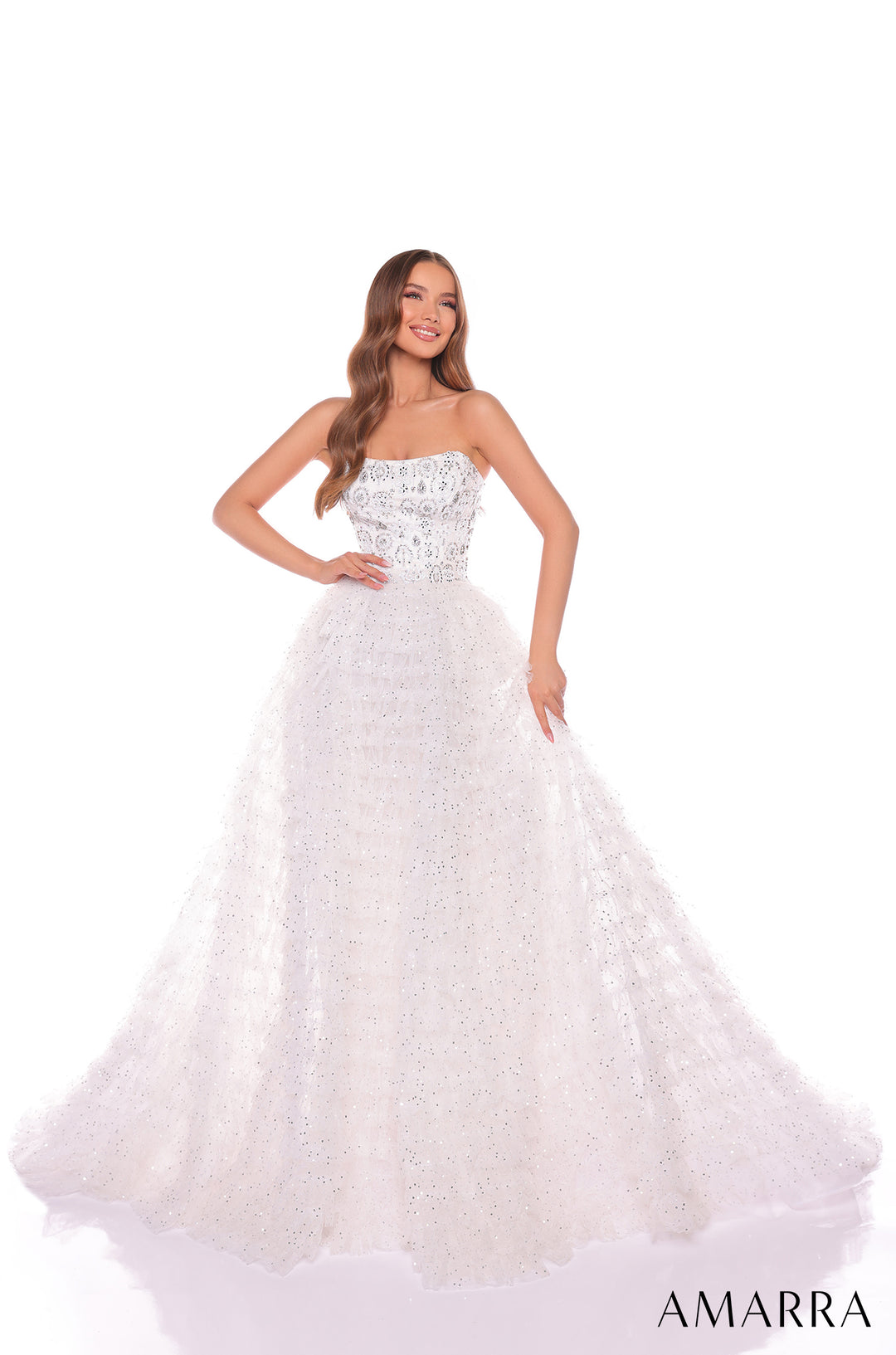 Beaded Strapless A-line Tiered Gown by Amarra 88129