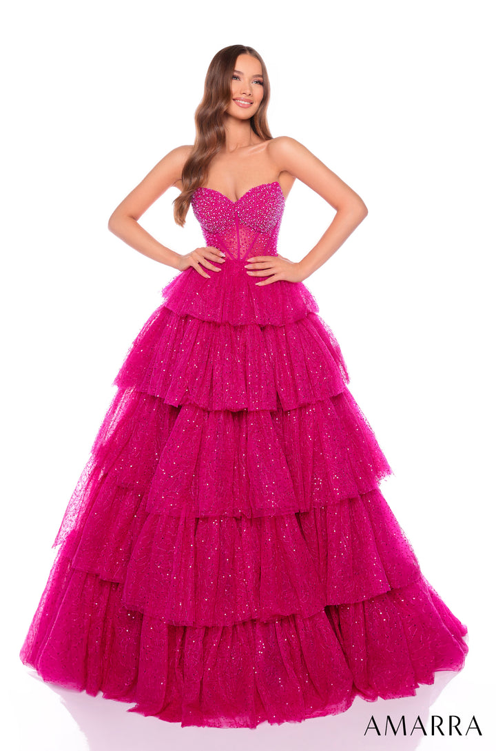 Glitter Strapless A-line Layered Gown by Amarra 88131