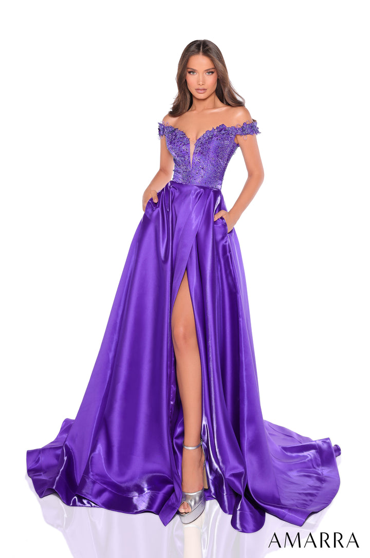 Beaded Off Shoulder A-line Slit Gown by Amarra 88247