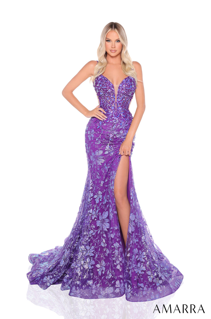 Sequin Print Sleeveless Slit Gown by Amarra 88275