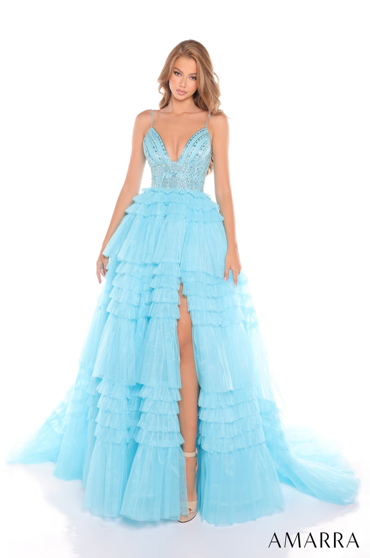 V-Neck Ruffled A-line Slit Gown by Amarra 88303