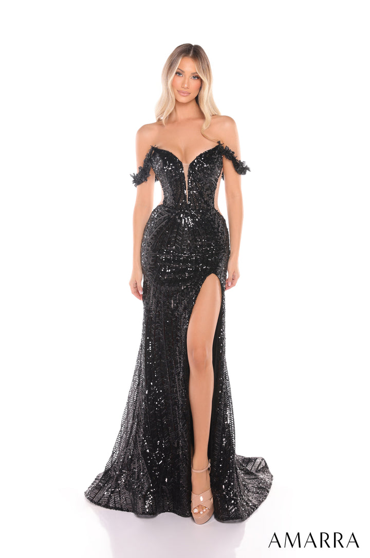 Sequin Off Shoulder Corset Gown by Amarra 88309