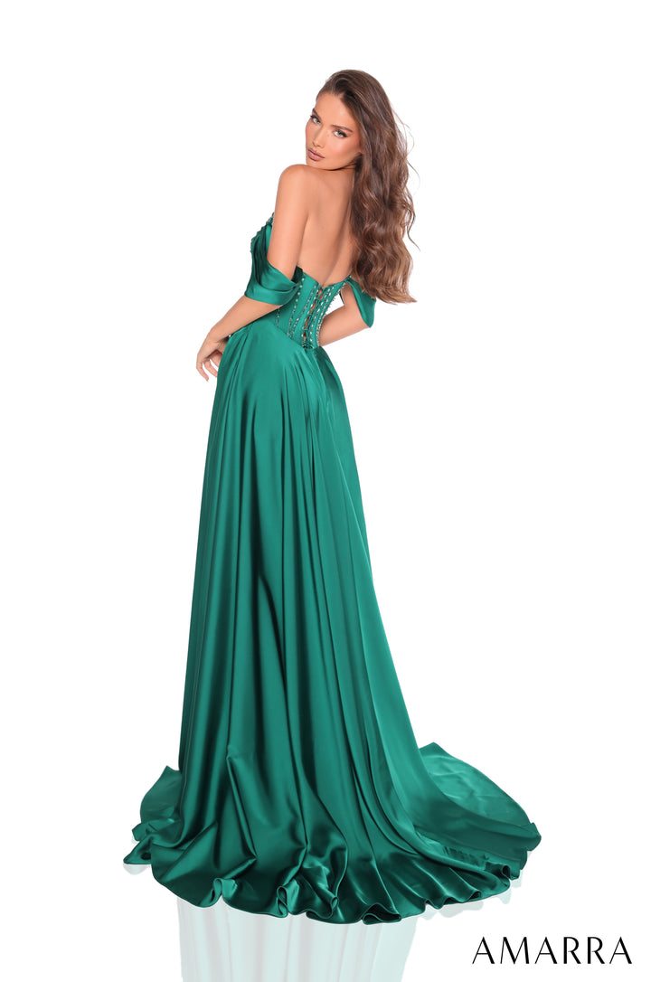 Satin Off Shoulder A-line Slit Gown by Amarra 88367