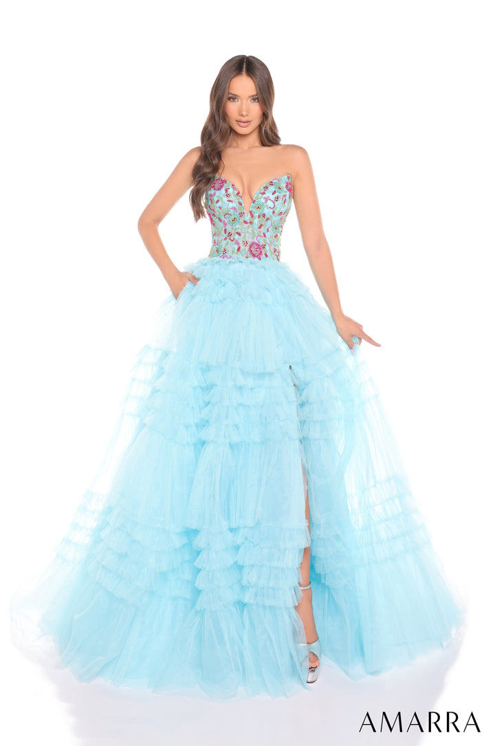 Strapless Ruffled A-line Slit Gown by Amarra 88369