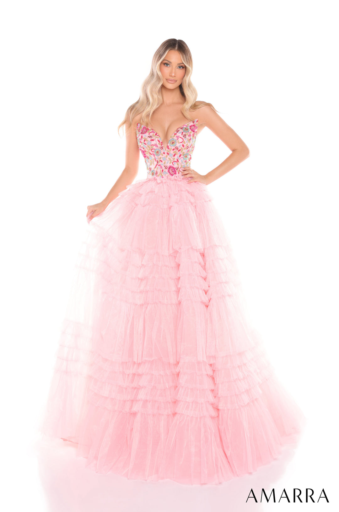 Strapless Ruffled A-line Slit Gown by Amarra 88369