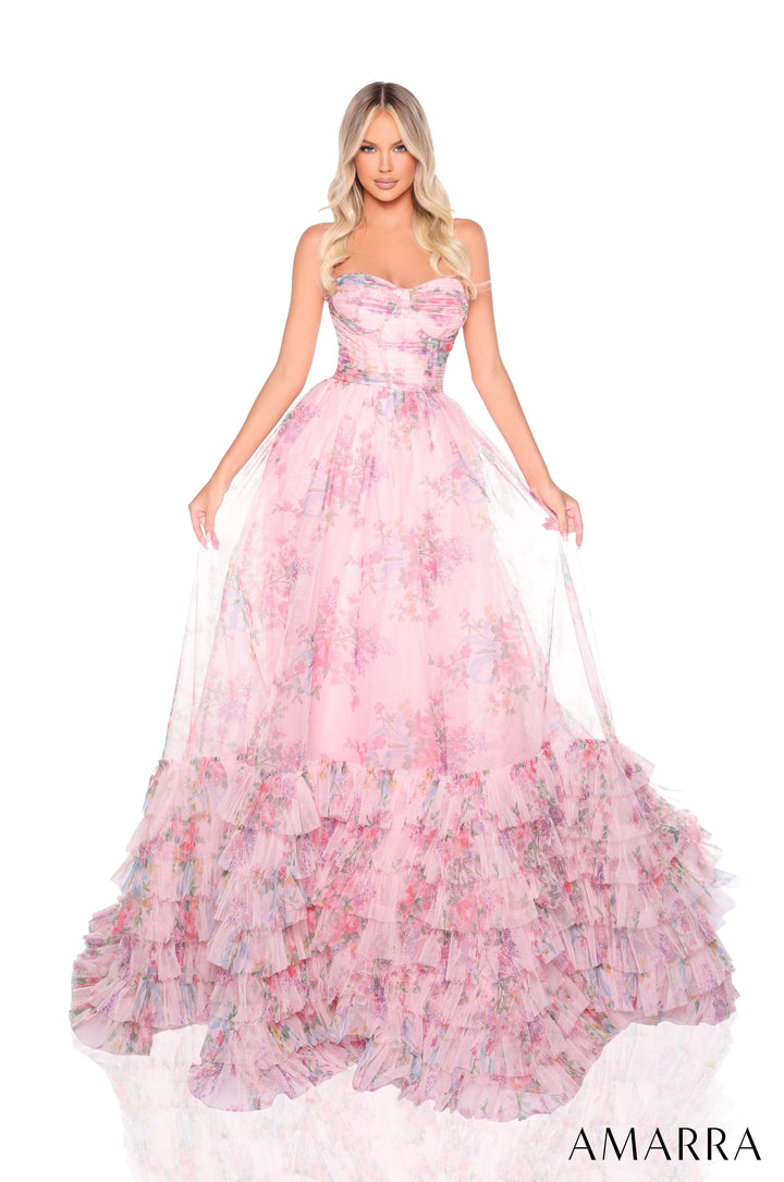 Print Strapless A-line Ruffled Gown by Amarra 88381