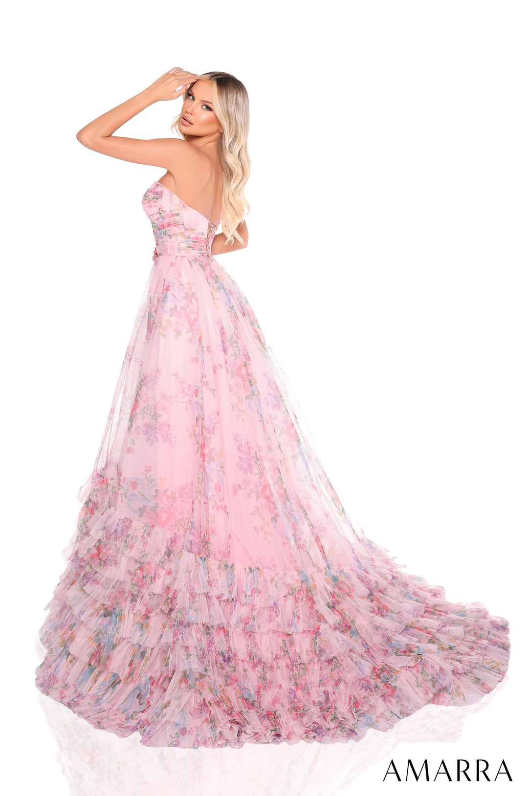 Print Strapless A-line Ruffled Gown by Amarra 88381