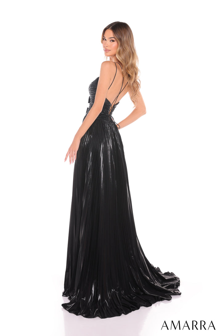 Metallic Cutout A-line Slit Gown by Amarra 88435