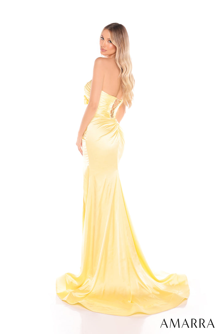 Satin Strapless Bow Slit Gown by Amarra 88437