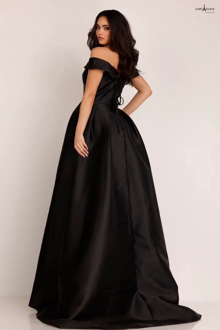 Mikado Off Shoulder A-line Slit Gown by Abby Paris 90023