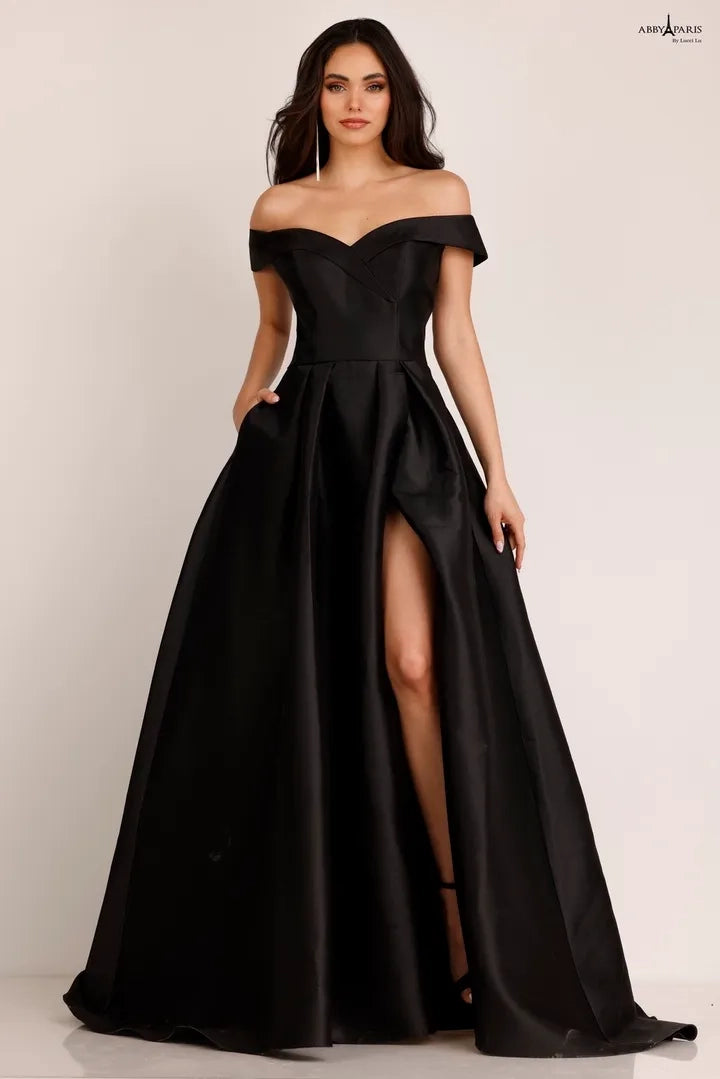 Mikado Off Shoulder A-line Slit Gown by Abby Paris 90023