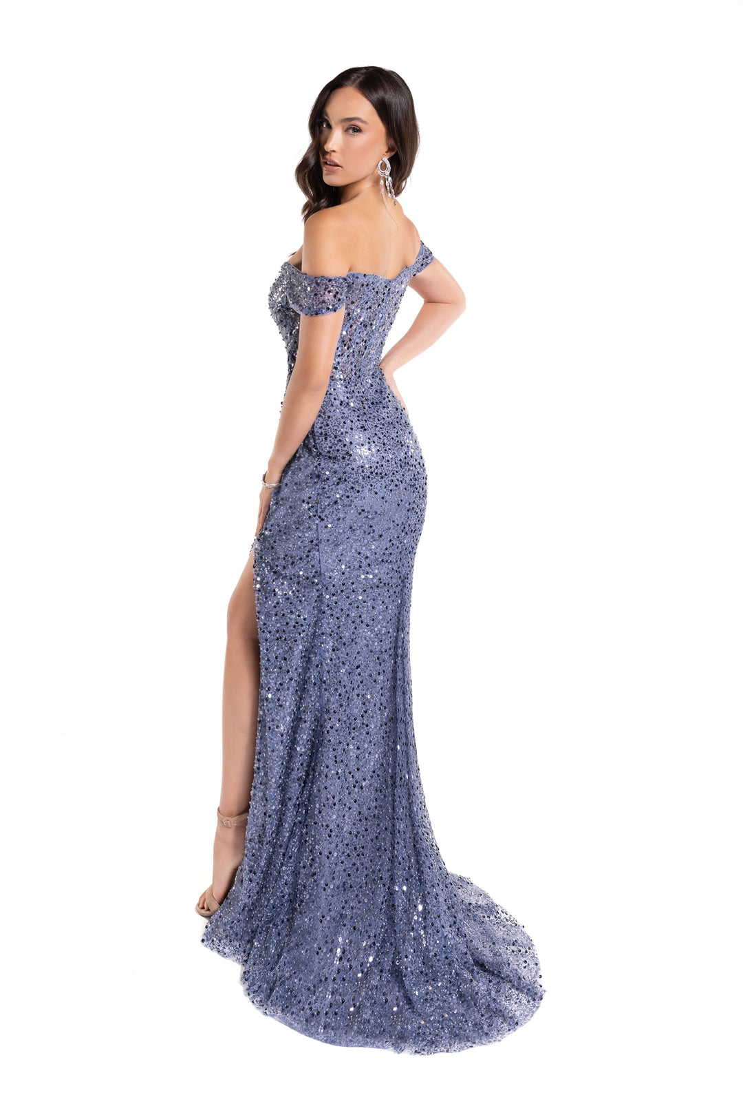 Beaded Off Shoulder Slit Gown by Abby Paris 90177