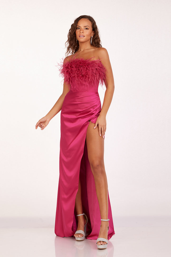 Feather Strapless Satin Gown by Abby Paris 90200