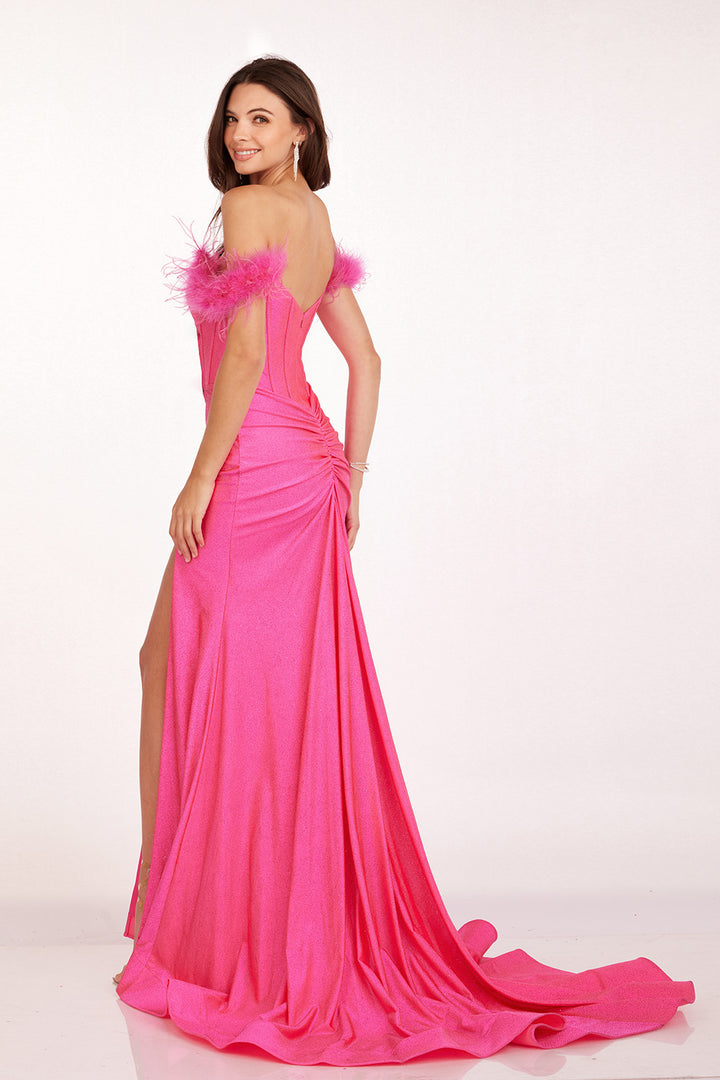 Feather Off Shoulder Slit Gown by Abby Paris 90205