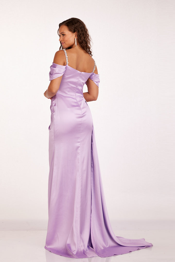 Satin Cold Shoulder Slit Gown by Abby Paris 90210