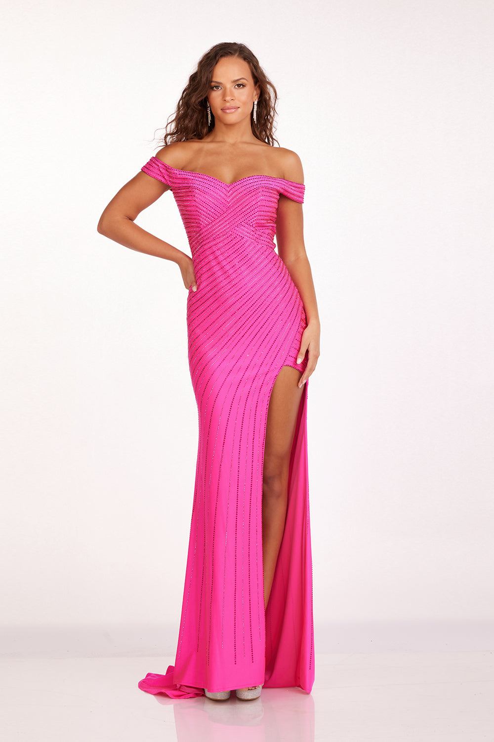 Beaded Off Shoulder Slit Gown by Abby Paris 90214