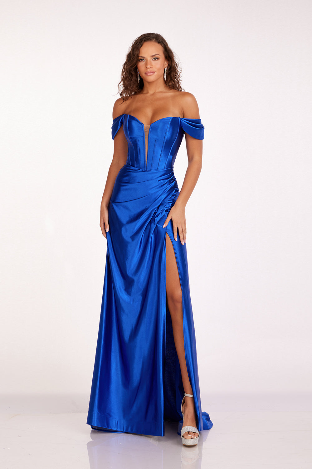 Satin Off Shoulder Slit Gown by Abby Paris 90216