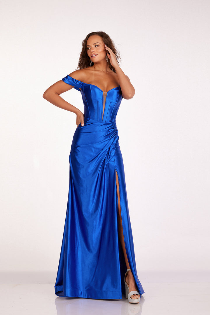 Satin Off Shoulder Slit Gown by Abby Paris 90216