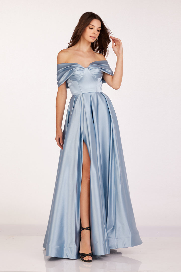 Satin Off Shoulder Slit Gown by Abby Paris 90222