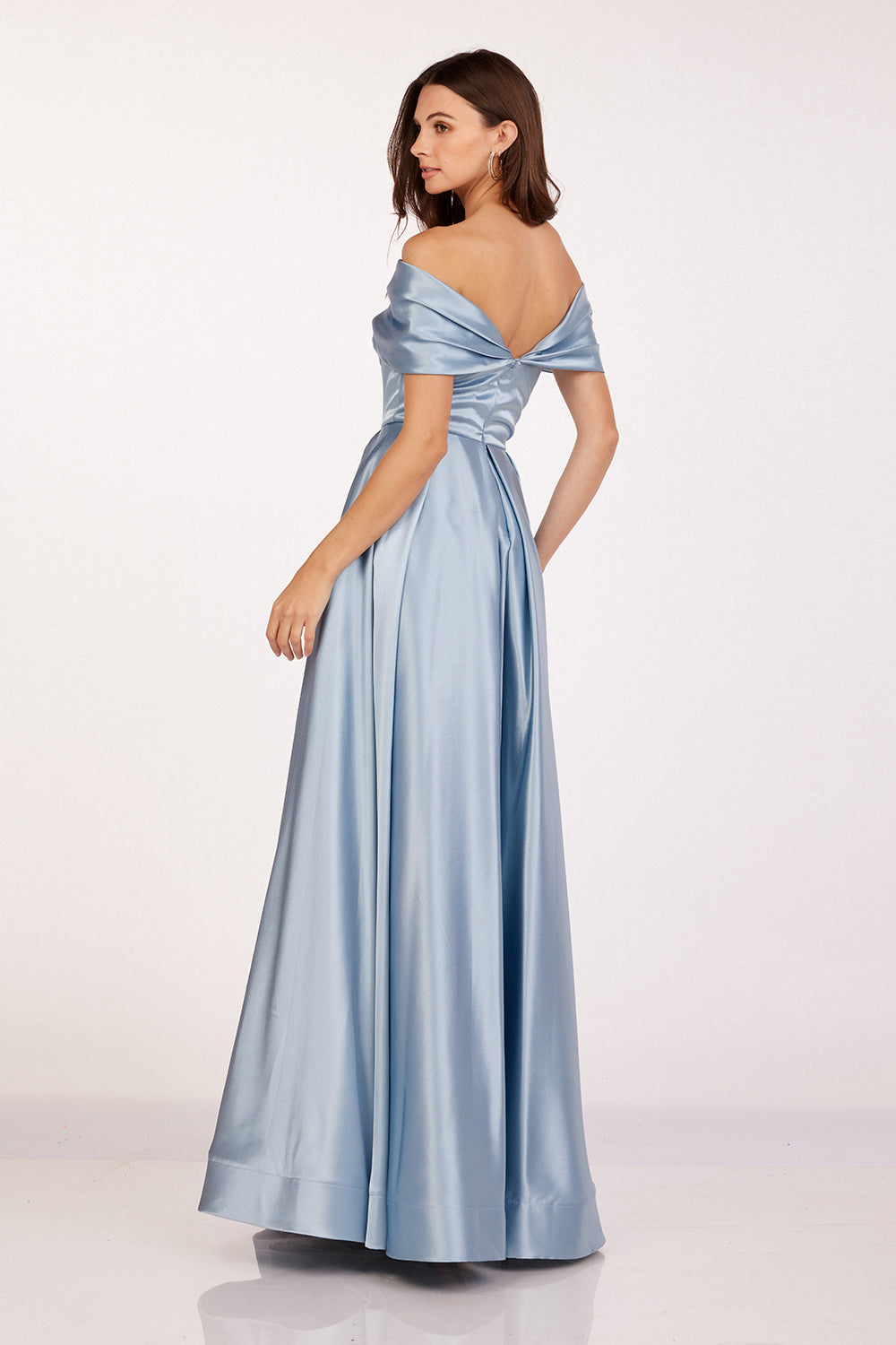 Satin Off Shoulder Slit Gown by Abby Paris 90222