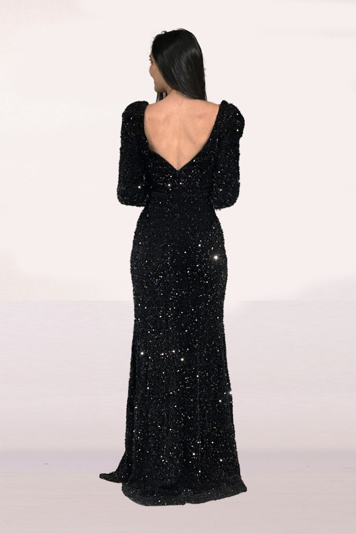 Sequin Feather Long Sleeve Gown by Abby Paris 90227