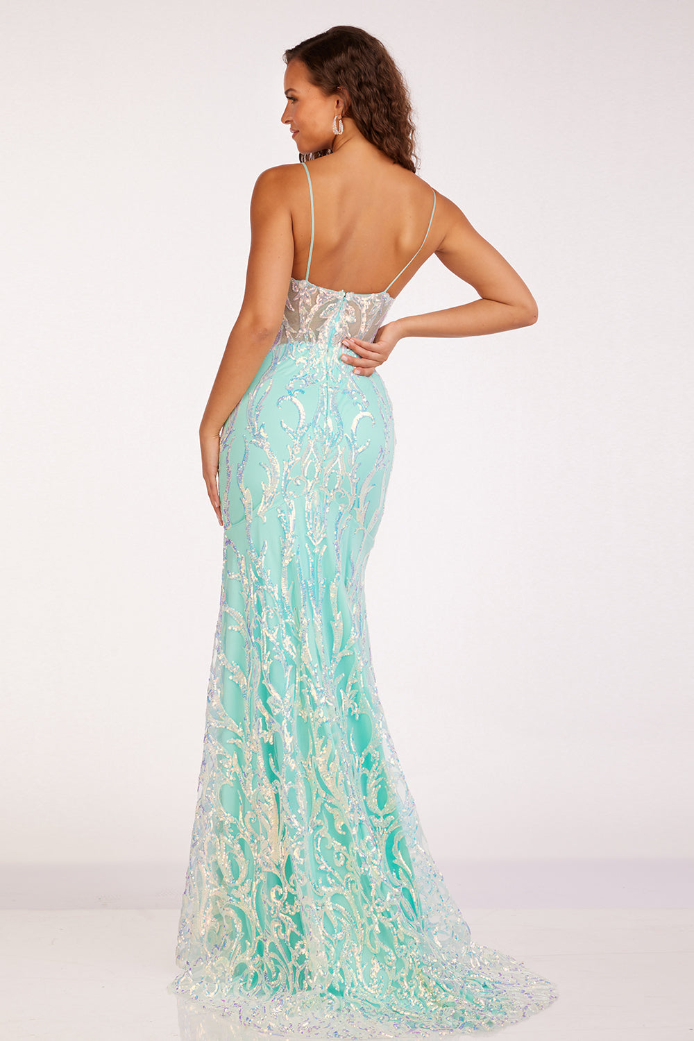 Sequin Print Fitted V-Neck Gown by Abby Paris 90228